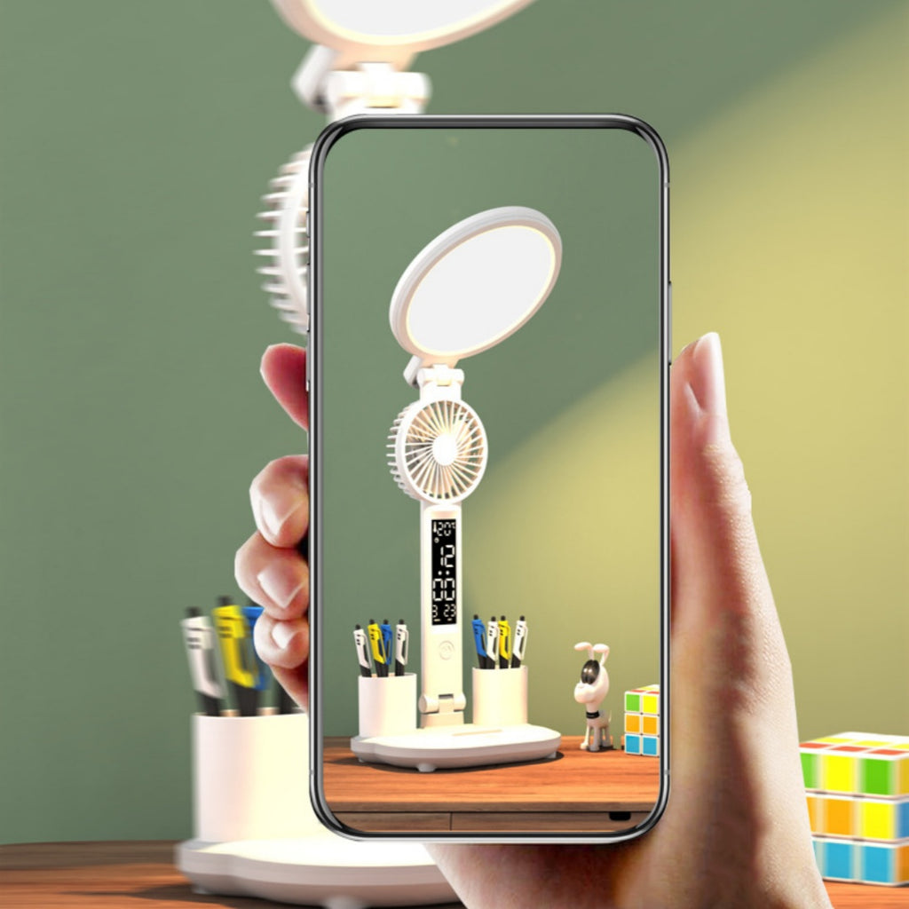 Lámpara LED de Mesa con Reloj y Puerto USB — Regulable y Plegable