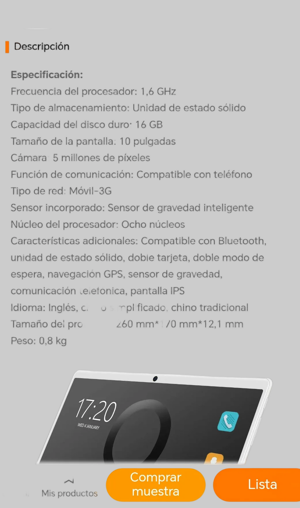Tablet 10" Octa-Core — Pantalla IPS, 3G, Bluetooth, GPS y 16GB