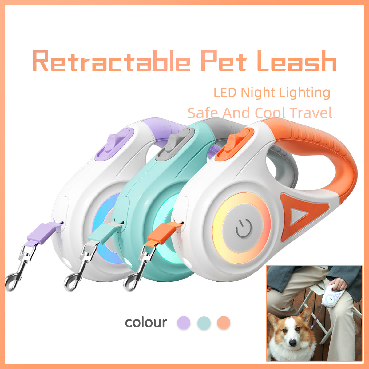 Correa Retráctil para Perros y Gatos con Collar y Luz LED – Pequeños y Medianos