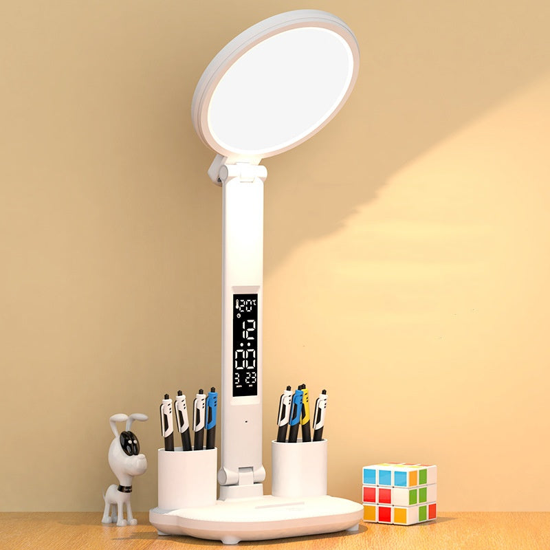 Lámpara LED de Mesa con Reloj y Puerto USB — Regulable y Plegable