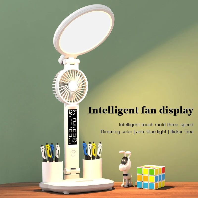 Lámpara LED de Mesa con Reloj y Puerto USB — Regulable y Plegable